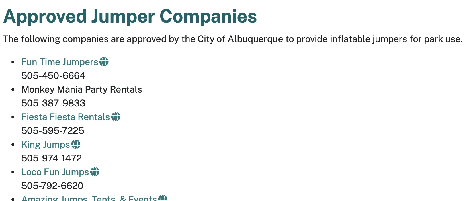 City of Albuquerque approved jumper companies listing showing Monkey Mania Party Rentals